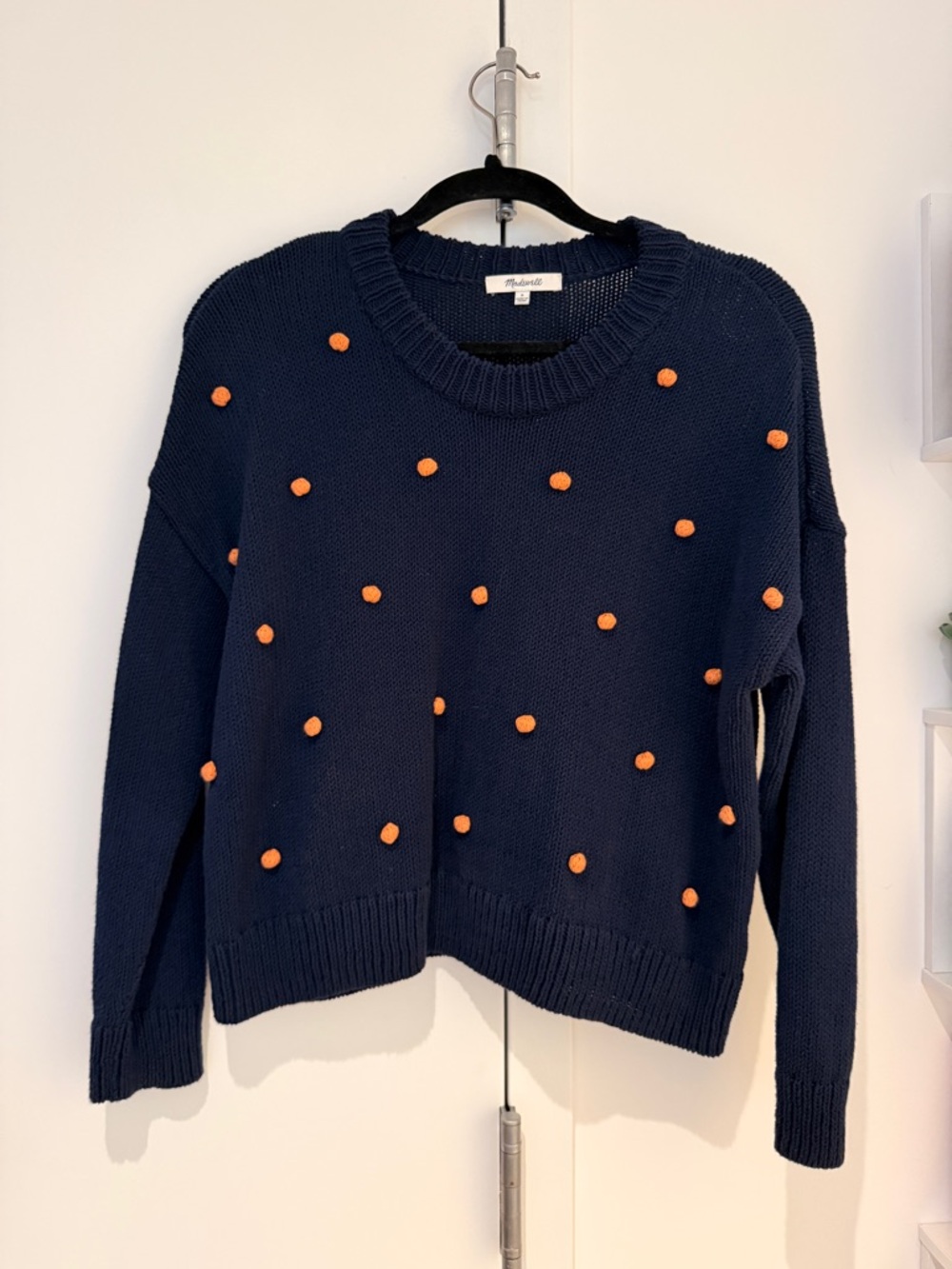Madewell Navy Crewneck Sweater with Orange Pom Details, Small